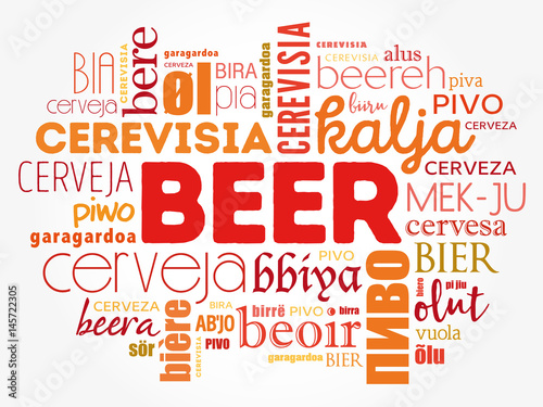BEER in different languages of the world (english, french, german, etc) Word Cloud collage, multilingual background