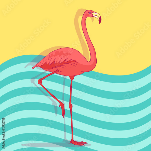 Vector pink flamingo bird illustration. Hand drawn sketch with the wild animal on abstract striped background