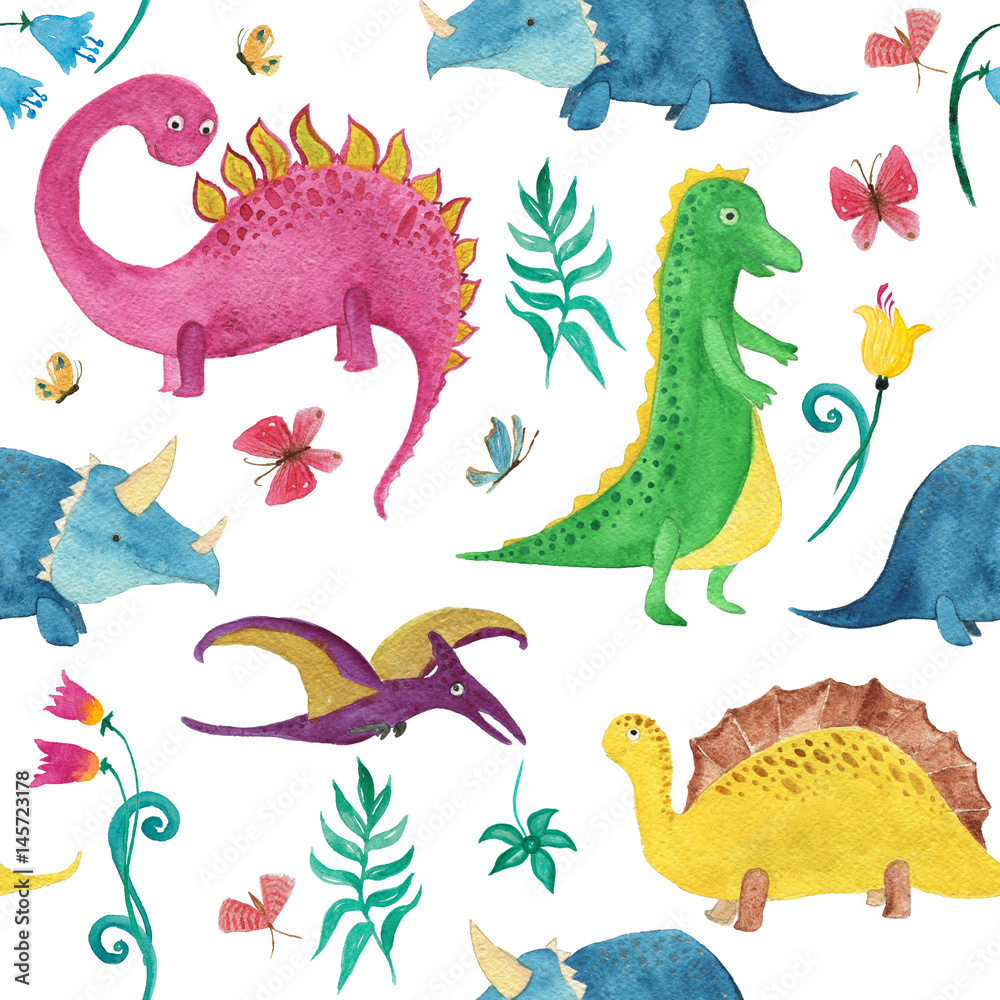 Naklejka premium Akwarela malarstwo wzór z słodkie dinozaury