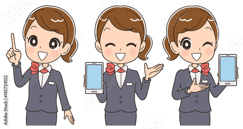 スマホを持った女性スタッフのイラスト（セット）