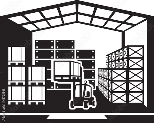 Forklift transports pallets in warehouse - vector illustration