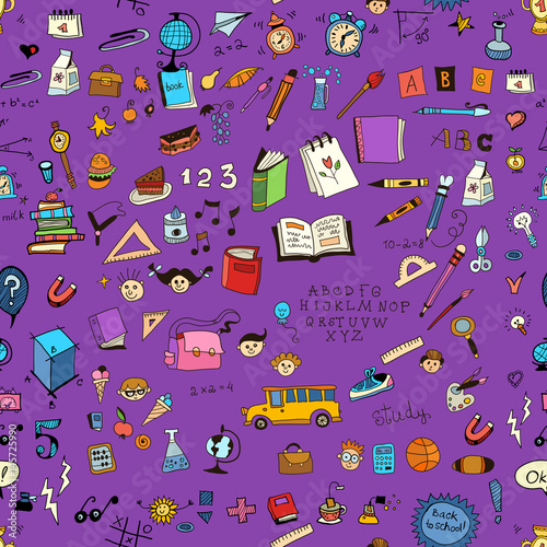 Seamless pattern with set of different school things.Doodle seamless background with school icons.