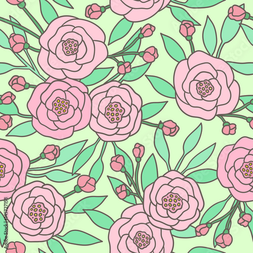 Cute pastel peony flowers. Vector hand drawn seamless pattern. Background