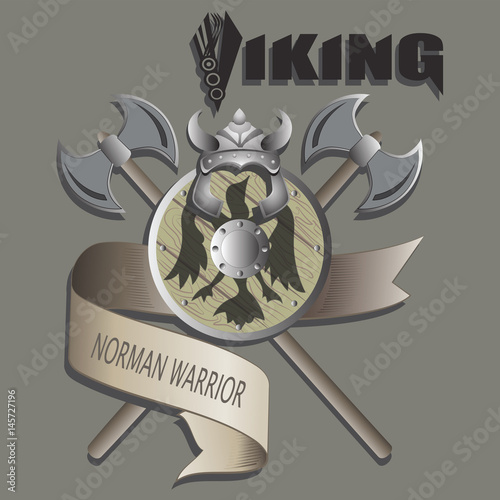 Helmet, shield and axe. Viking. Crossed axes and shield, entwined with a ribbon. Fan club emblem. Design for textiles, printing on fabric and paper.