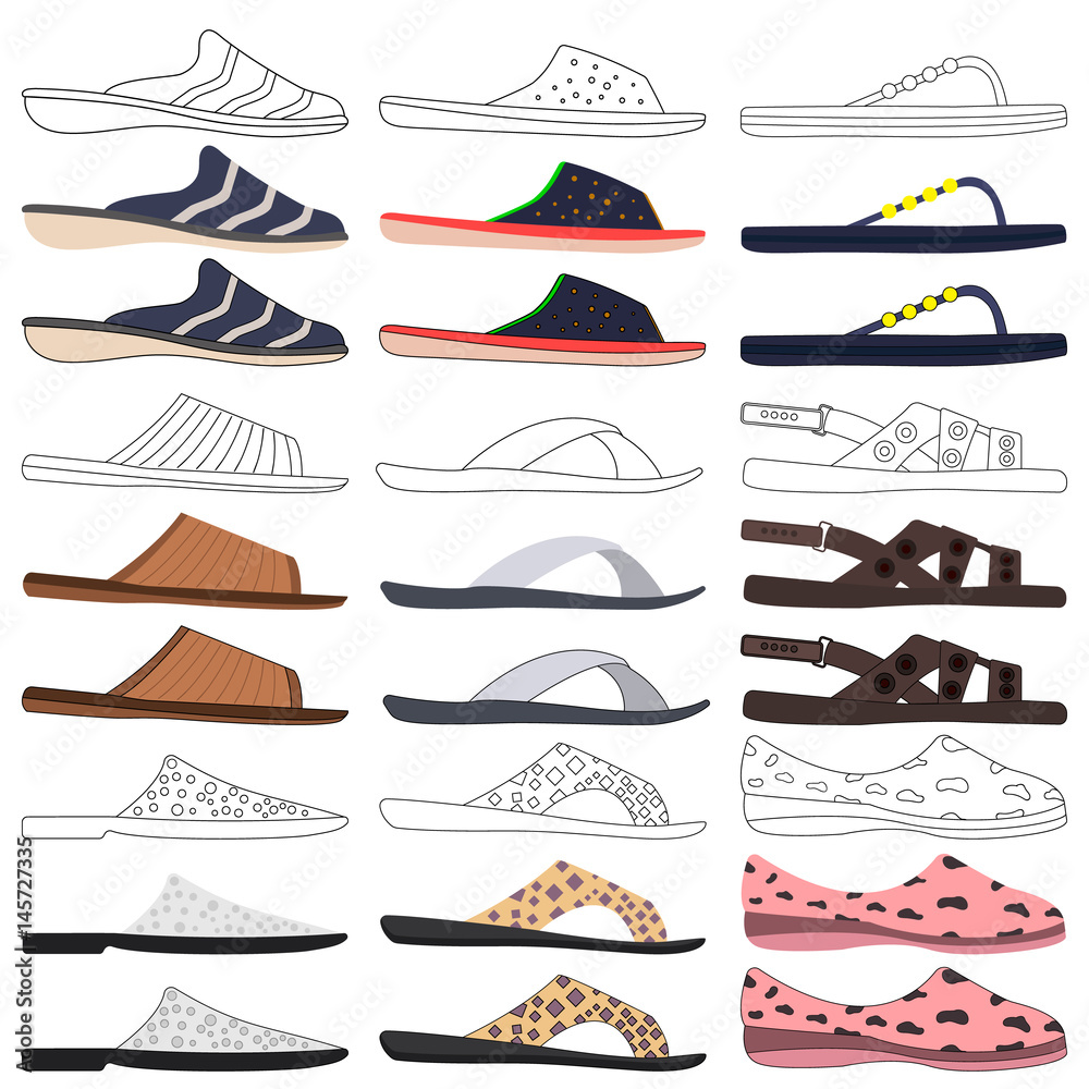 Obraz premium Slippers and flip flops icon. Set vector illustrations. Side view.
