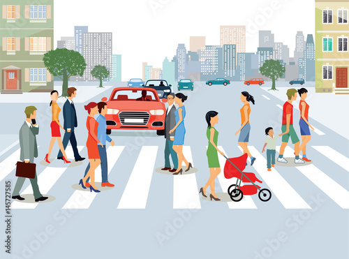 Städtische Gemeinde mit Personen und Autoverkehr 