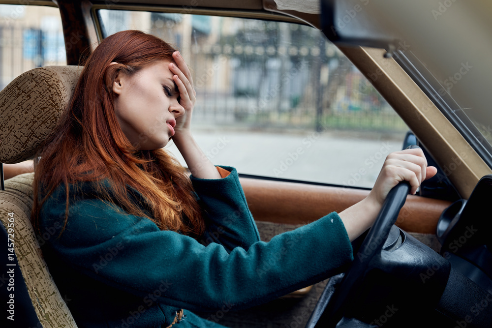 beautiful woman driving a car, stress, accident, emotions