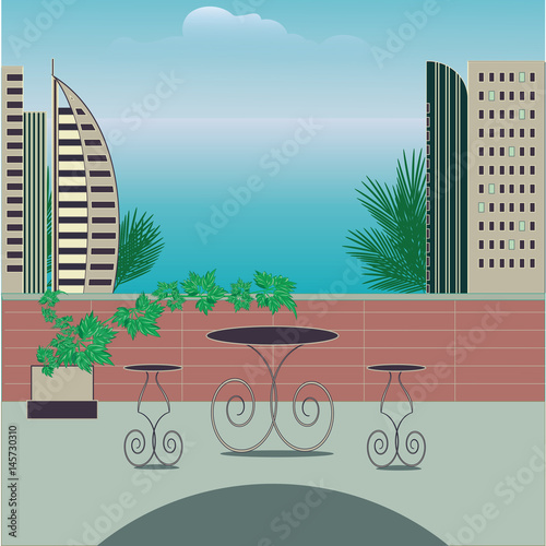 Street cafe sea view hotel palm trees blue sky art modern creative illustration Travel Poster