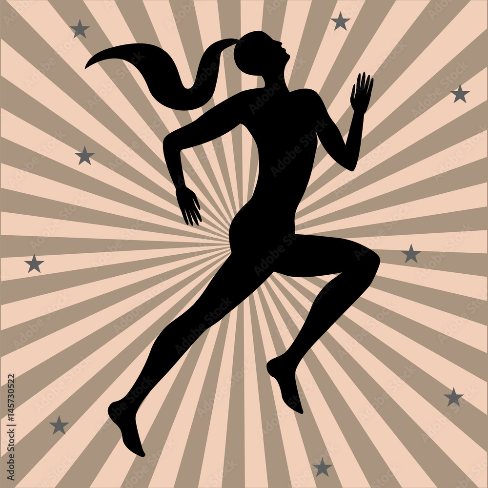 Running athlete woman on the background rays and stars art creative modern vector illustration minimalism flat style sports poster