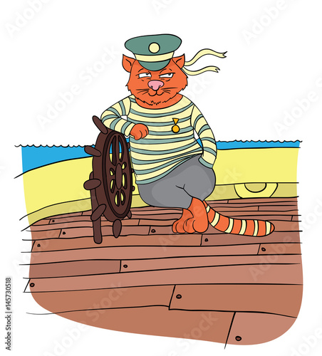 Cat boatswain at the helm of the ship, vector illustration.
