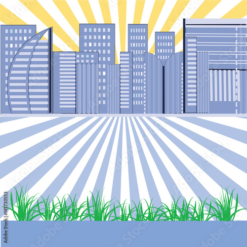City avenue multistory houses in the rising sun abstract modern creative art illustration flat style vector
