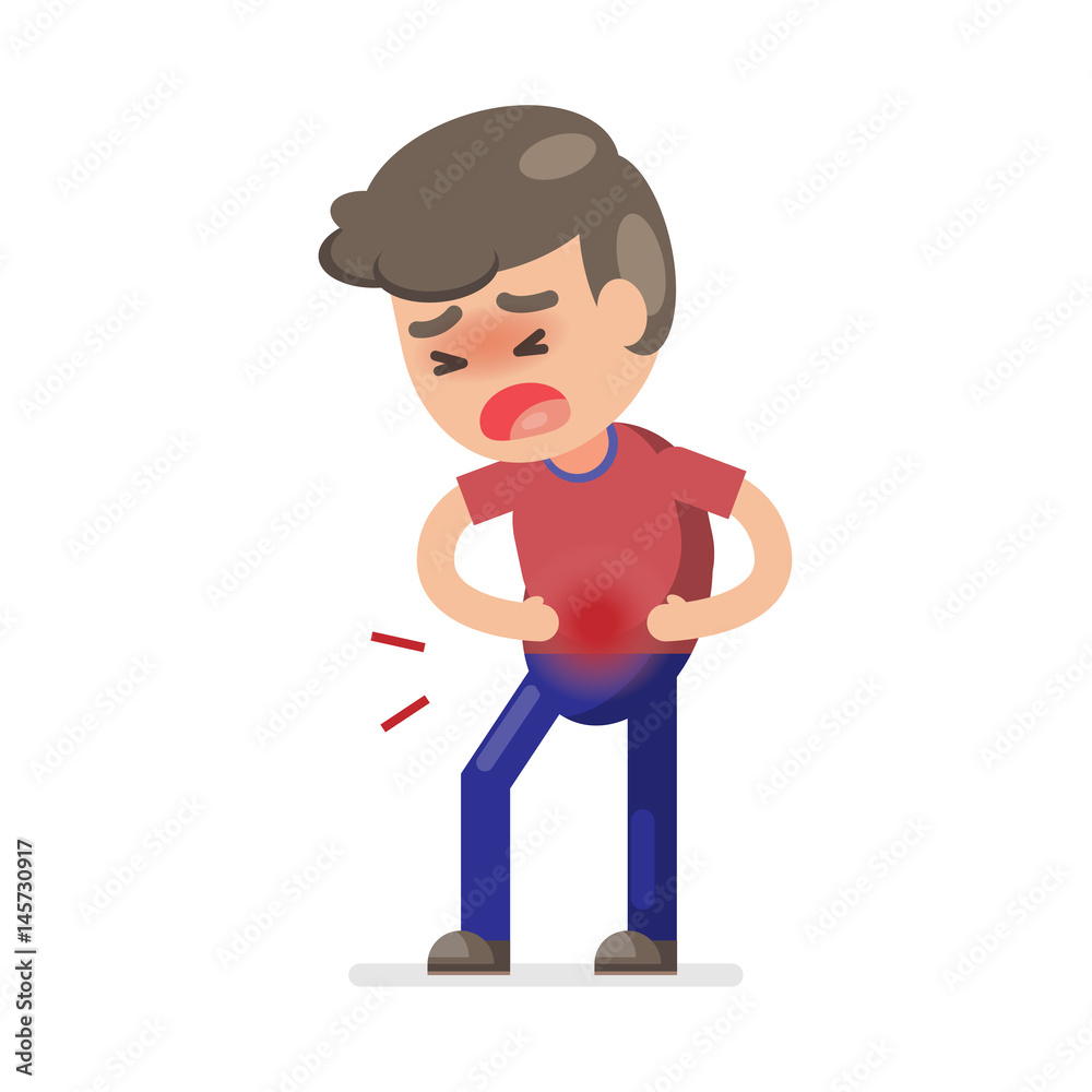 Cute boy having stomach ache and suffering from stomach pain, Vector character illustration.
