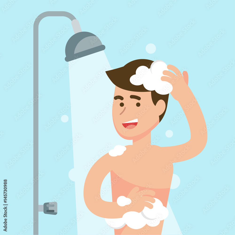 Happy man taking shower in bathroom concept, Flat vector illustration. Stock Vector Adobe Stock