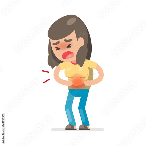 Cute woman having stomach ache and suffering from stomach pain, Vector character illustration.
