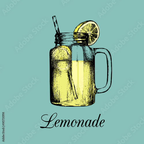 Mason jar isolated. Vector home made lemonade with straw and slice of lemon color illustration. Sketch of soft drink.