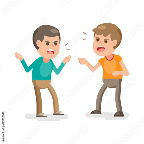 Two young men fighting angry and shouting at each other, Vector cartoon illustration.