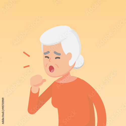 Senior woman coughing, sickness allergy concept, Vector flat illustration.