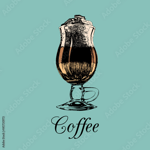 Coffee glass isolated. Vector illustration of frappe with foam. Sketched transparent cup of cappuccino. Soft drink logo