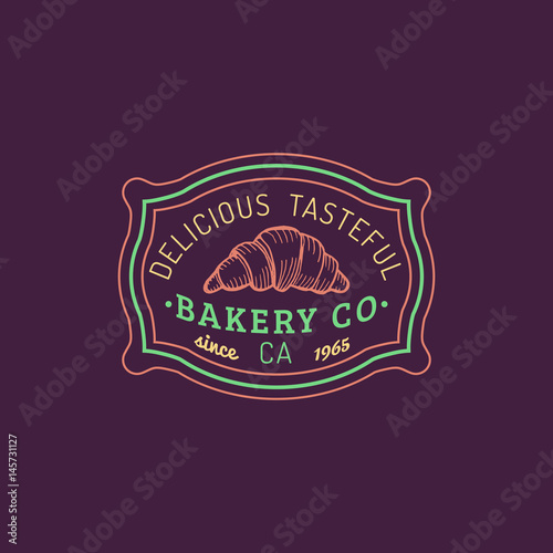 Croissant logo. Vector bakery label. Delicious tasteful cookie typographic poster. Hipster pastry icon. Desert emblem.