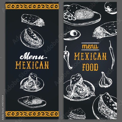 Mexican food menu in vector. Burritos, nachos, tacos illustrations. Hipster snack bar, fast-food restaurant icons.