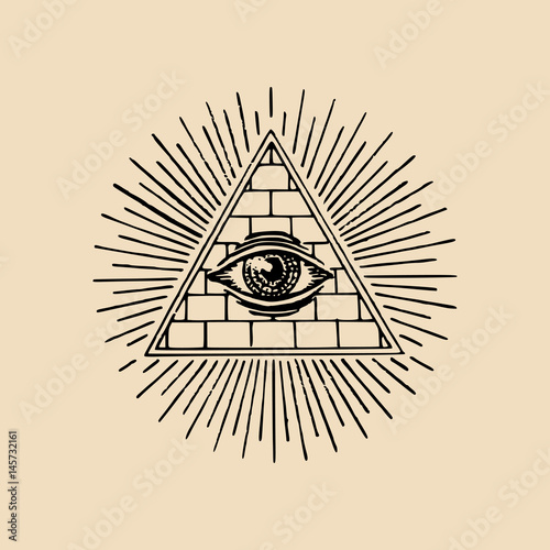 All-seeing eye. Freemasonry pyramid vector illustration. Engraving masonic logo, emblem.