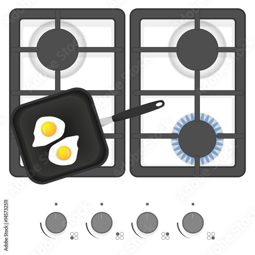 White gas stove with frying pan and fried eggs. Top view vector illustration.