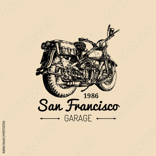 Custom garage logo. Vector hand drawn motorcycle.Vintage detailed retro bike illustration for chopper company,store etc.