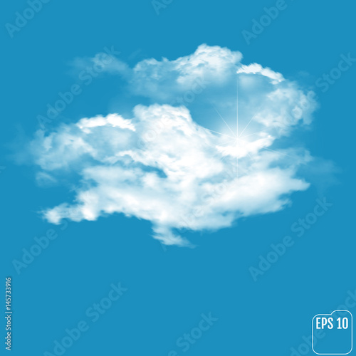 Realistic clouds on a sky-blue background. A dazzling flash and shine through the cloud. Vector illustration