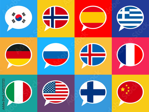 Set of colourful speech bubbles with different countries flags. Languages concept illustration.