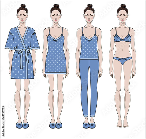 Set of women homewear, sleepwear and underwear. Bathrobe, nightgown, pyjama and lingerie on female figure. Vector illustration.