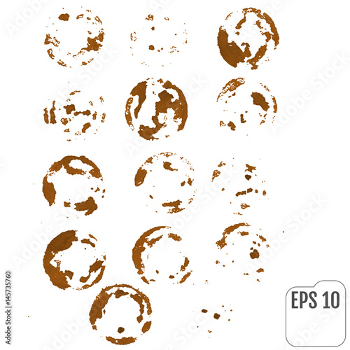 Coffee ring stain for coffe card, coffee logo, coffe list, coffe menu. Vector set of isolated coffe stain ring. Coffe stain logo design. Coffe cup ring stain for logo design. Watercolor coffe mug mark