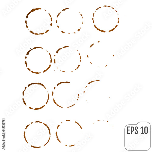 Coffee ring stain for coffe card, coffee logo, coffe list, coffe menu. Vector set of isolated coffe stain ring. Coffe stain logo design. Coffe cup ring stain for logo design. Watercolor coffe mug mark