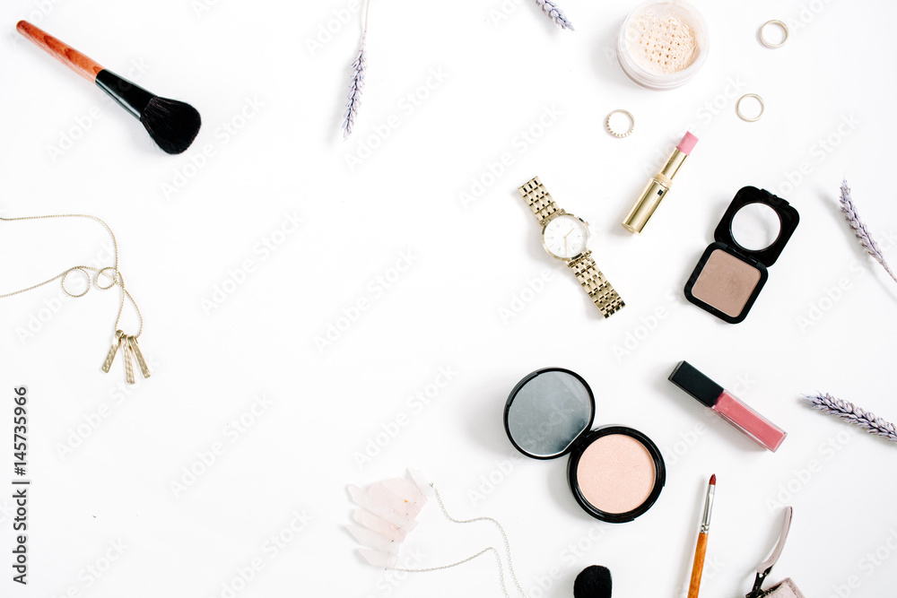 Beauty blog concept. Professional female make up accessories: watches, necklace, lipstick, brush, powder on white background. Flat lay, top view trendy fashion feminine background. Beauty blog concept. Professional female make up accessories: watches, necklace, lipstick, brush, powder on white background. Flat lay, top view trendy fashion feminine background.