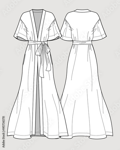 Bridal robe. Sleeve satin kimono robe. Silk bathrobe for women. Isolated vector. Front and back views.