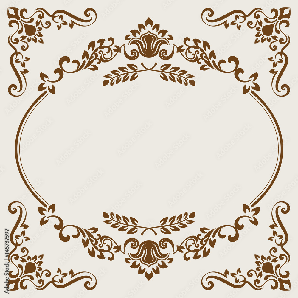 Vintage beige and brown floral frame card template.
