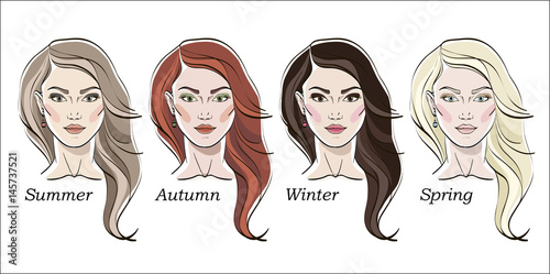 Seasonal color types for women skin beauty set: Summer, Autumn, Winter, Spring. Young female faces, make up shades matching each type. Vector illustration.