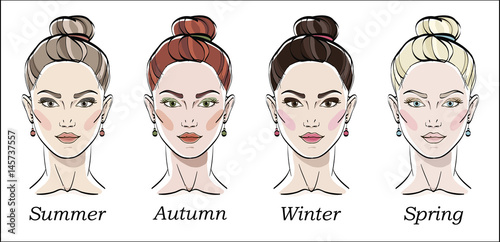 Seasonal color types for women skin beauty set: Summer, Autumn, Winter, Spring. Young female faces, make up shades matching each type. Vector illustration.