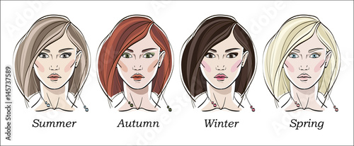 Seasonal color types for women skin beauty set: Summer, Autumn, Winter, Spring. Young female faces, make up shades matching each type. Vector illustration.