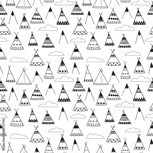 Indian wigwams black and white seamless background. Various wigwams, mountains and clouds