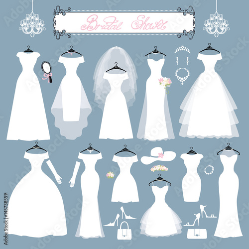 Wedding dresses,accessories set.Fashion flat silhouette