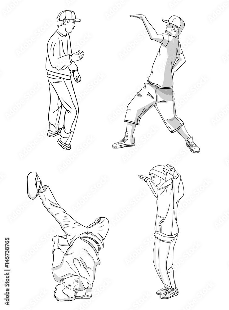 A set of dancers. Four different guys dressed in dance modern dances on a white background. Illustration in the outline eps 10 illustration A set of dancers. Four different guys dressed in dance modern dances on a white background. Illustration in the outline eps 10 illustration