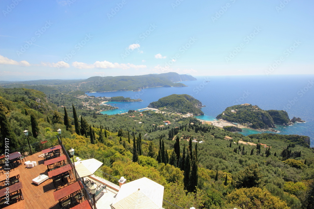 Corfu Mediterranean Coastline with olive and cypress trees bays islands sea and beaches