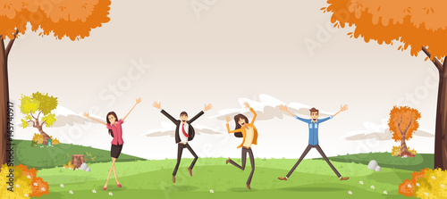 Happy people jumping on green park with grass and trees. Nature landscape.
