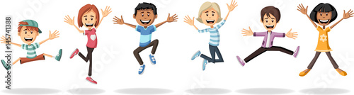 Group of cartoon kids jumping.
