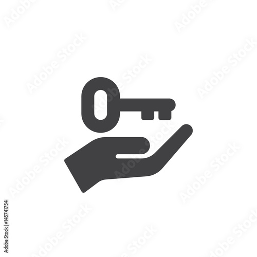 Hand holding up key icon vector, filled flat sign, solid pictogram isolated on white. Symbol, logo illustration. Pixel perfect