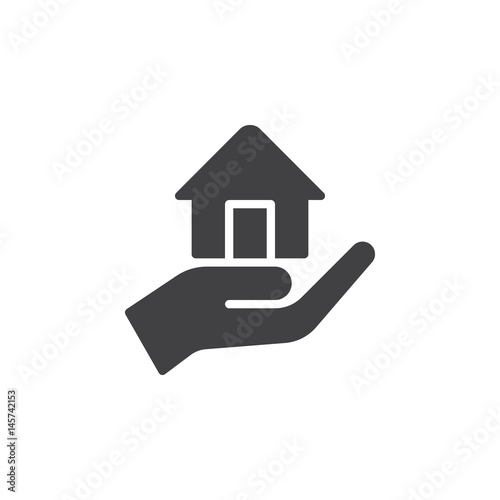 Hand holding up house icon vector, filled flat sign, solid pictogram isolated on white. Mortgage symbol, logo illustration. Pixel perfect
