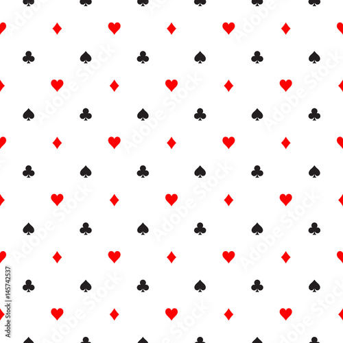 Seamless pattern background of poker suits - hearts, clubs, spades and diamonds - arranged in the rows on white background. Casino gambling theme vector illustration.