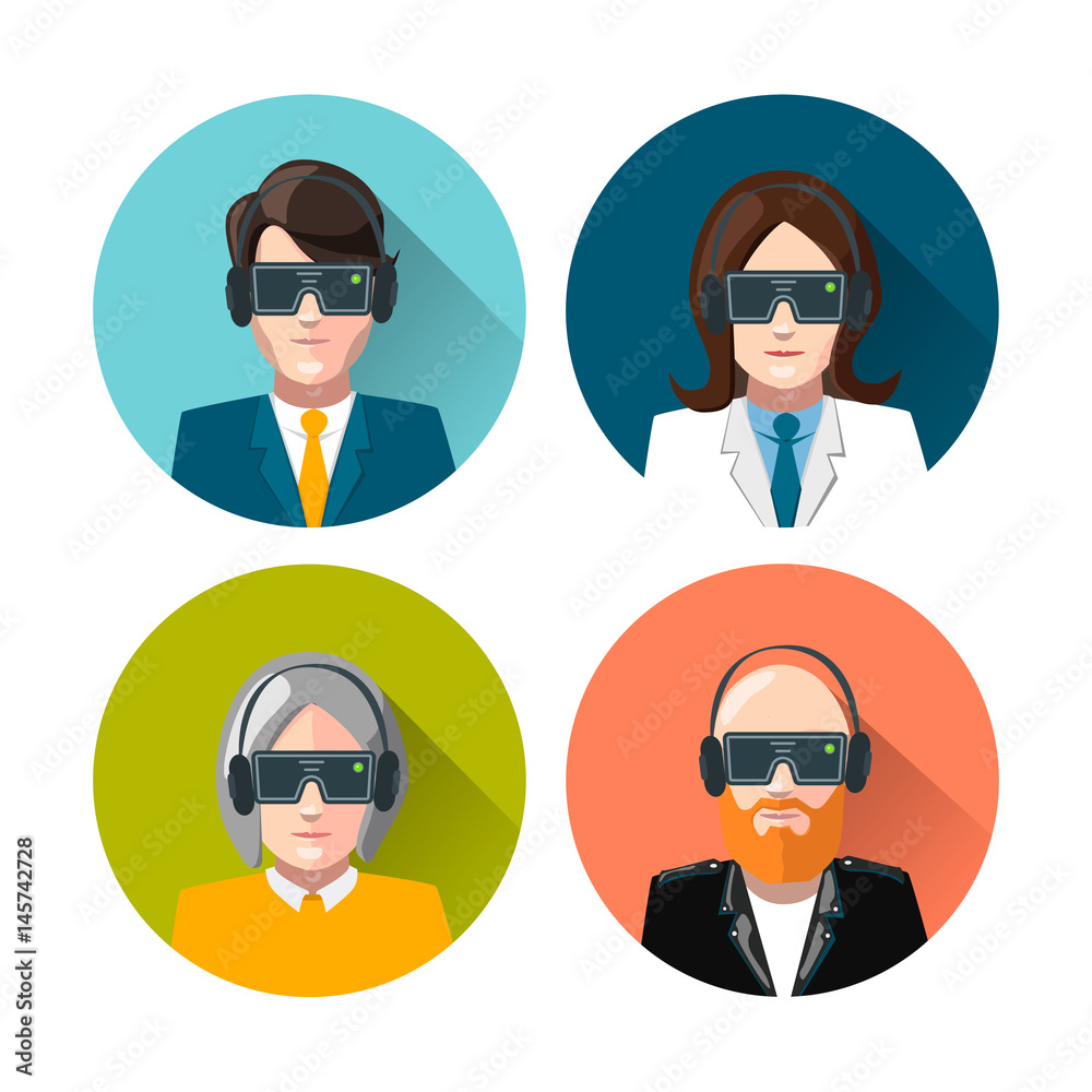 Virtual reality helmet on head, flat illustration on white Virtual reality helmet on head, flat illustration on white