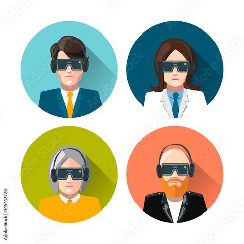 Virtual reality helmet on head, flat illustration on white