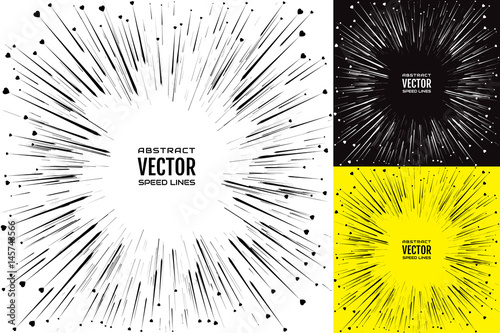 Set speed line with hearts. Festive illustration with effect power explosion. Element of design. Vector